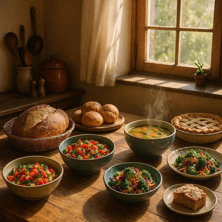 Traditional bulgarian vegetable soup served in ceramic bowls on wooden table near window