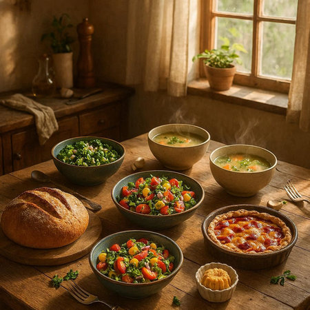 Bowls of homemade vegetable soup on a rustic wooden table