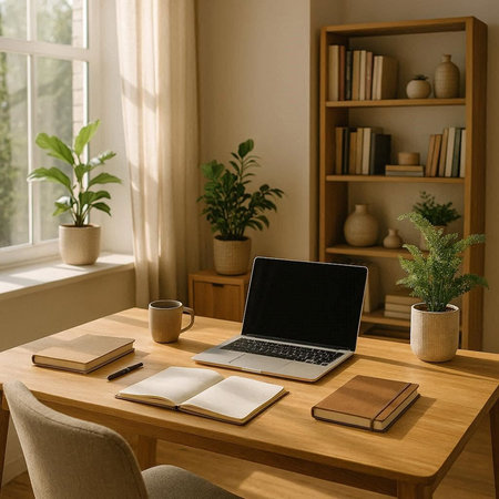 Modern workplace with laptop, books and coffee cup on wooden table near window