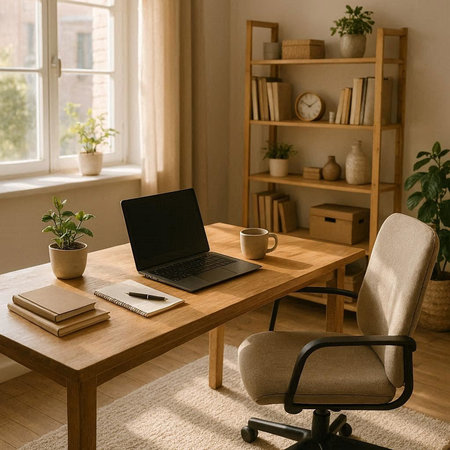 Laptop on wooden desk in modern office interior. Workplace with computer, notepad, coffee cup, books and plants.の写真素材