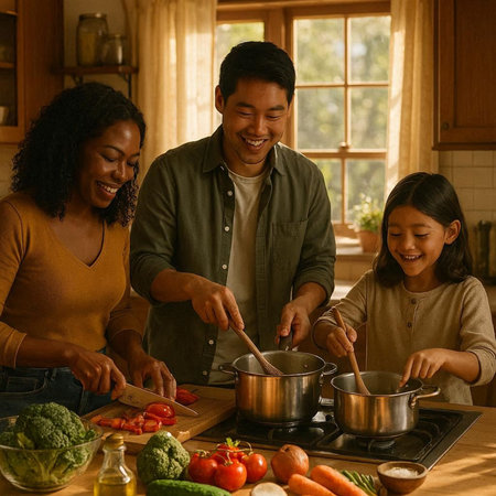 Happy family cooking together in the kitchen at home. Mother, father and their daughter are...