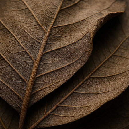 Close up of dry brown leaf texture. Natural background. Selective focus.の写真素材