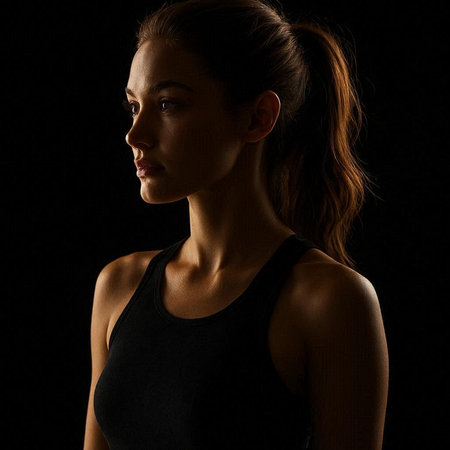 Side view of young woman in sportswear looking away against black background