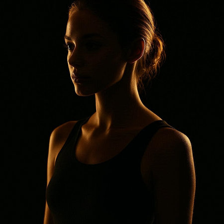 Portrait of beautiful young woman in black sportswear on black background