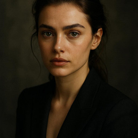 Portrait of a beautiful young woman in a black suit on a dark background