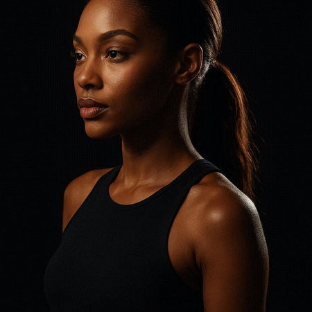 Beautiful african american woman in sportswear on black backgroundの写真素材