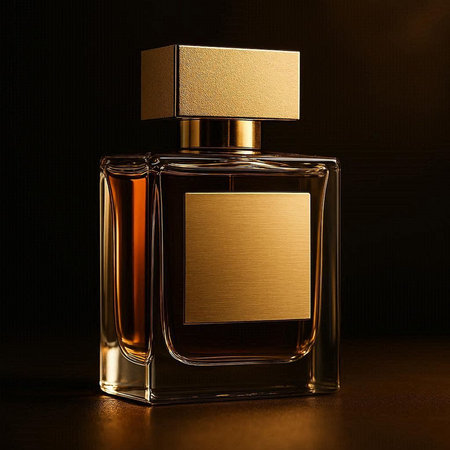 Perfume bottle with blank label on dark background. 3d render