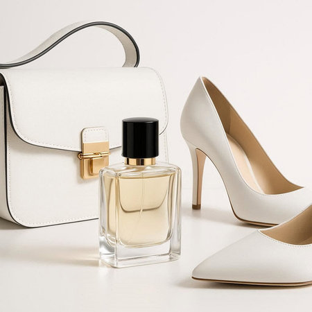 Bottle of perfume, shoes and handbag on white background.