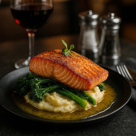 Salmon fillet with mashed potato and broccoli on black plate.
