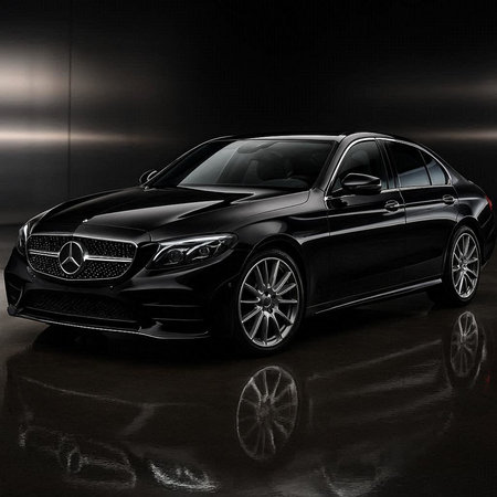 Modern luxury car on a glossy black background. 3d rendering.