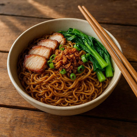 japanese noodle with crispy pork in bowl on wooden table