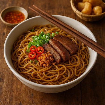 japanese ramen noodle with pork and vegetables on wooden background