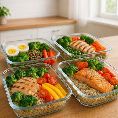 Healthy lunch prep containers with salmon, quinoa, vegetables and eggsの写真素材