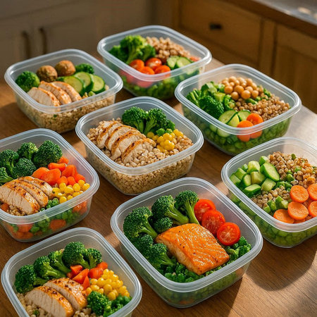 Healthy lunch box with chicken, quinoa, vegetables and meatの写真素材