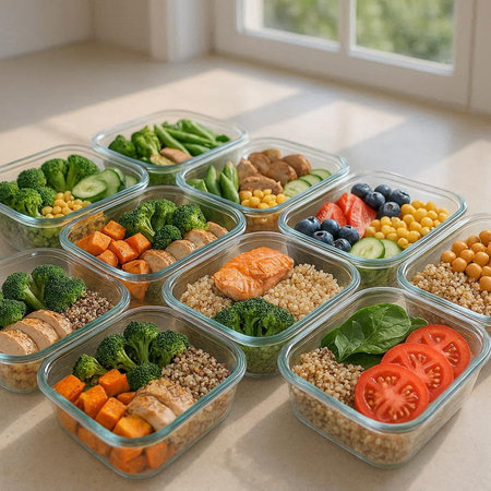 Healthy food in plastic containers on kitchen table. Healthy eating concept