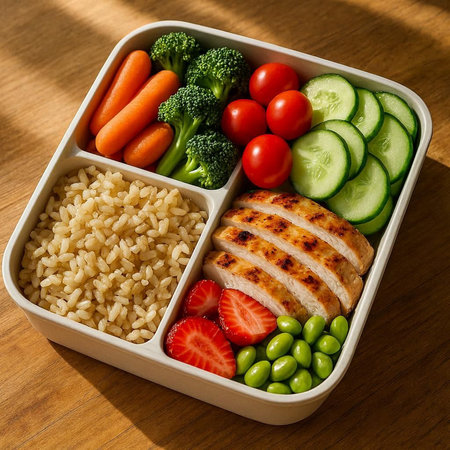 Healthy lunch box with chicken, rice, vegetables and fruits.