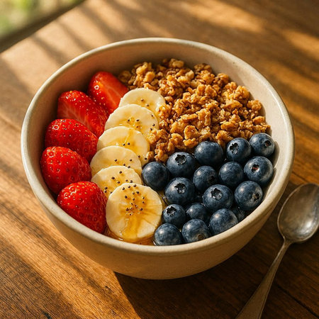 Healthy breakfast bowl with granola, blueberries, bananas and strawberries