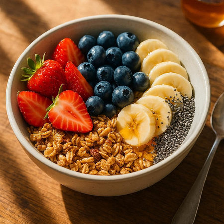 Healthy breakfast bowl with granola, strawberries, blueberries and chia seeds