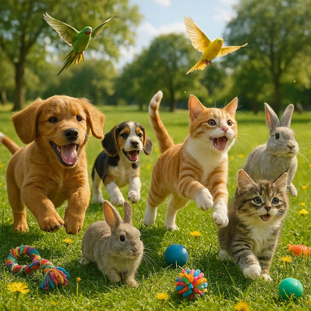 Group of cats and dogs playing with Easter eggs in green grass.の写真素材