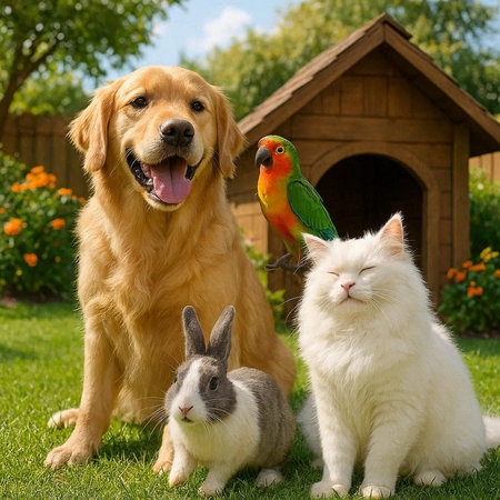 Cute dog, cat and parrot sitting together in the garden