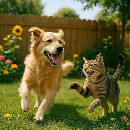 Cat and dog playing together in the garden. Golden Retriever and tabby cat having fun together.の写真素材