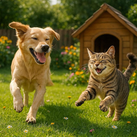 Cat and dog playing together in the garden. Pet and animal concept.