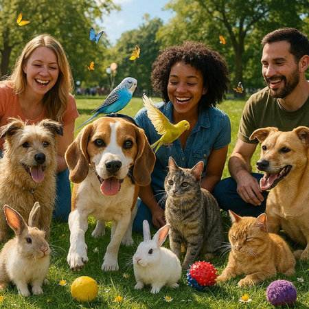 Group of friends playing with their pets in the park, having fun together