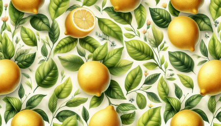 Lemon seamless pattern background with lemons and green leaves. Vector illustration.