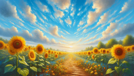 Sunflower field at sunset. Nature background. 3D illustration.の写真素材