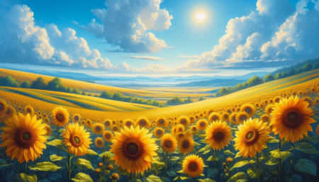 Beautiful sunflowers field on blue sky background. Summer landscape.の写真素材