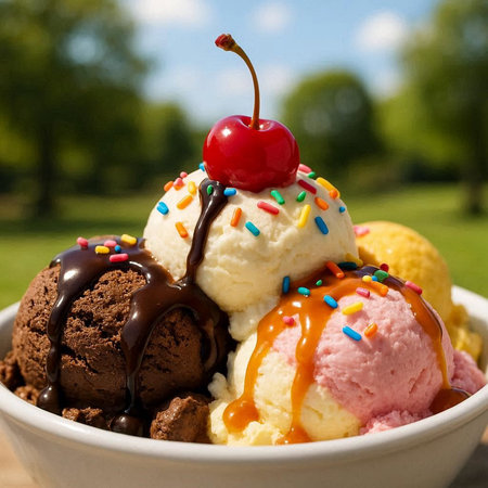 ice cream with chocolate and cherry in a bowl on a background of green grass