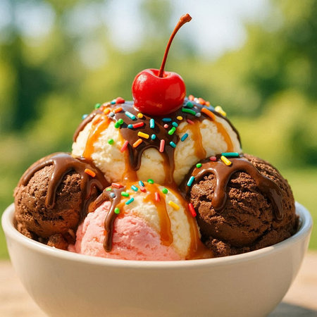Ice cream with chocolate, cherry and ice cream balls in a bowl