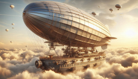 Airship in the clouds. 3d render with vignetteの写真素材
