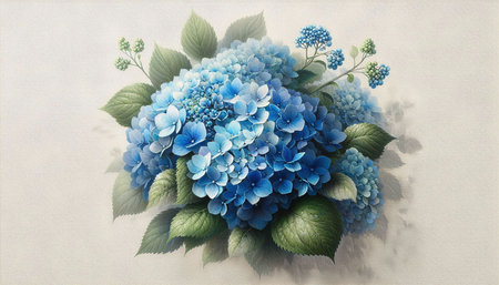 Blue hydrangea flowers on white background. Watercolor paintingの写真素材