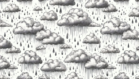Seamless pattern with clouds and raindrops. Hand drawn illustration.