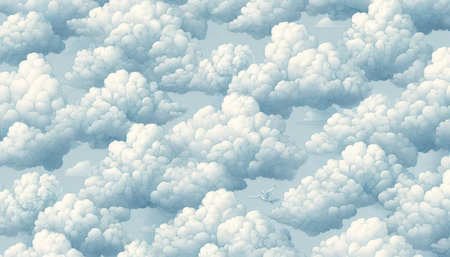 3d illustration of white clouds with seagull flying in the sky