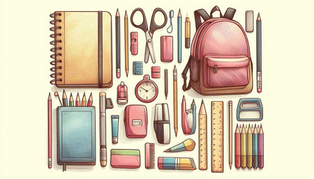 Back to school background with school supplies. Pencils, pens, notebooks, pencils, pencils, pen,...