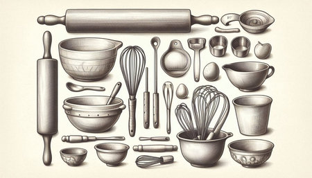 Vintage kitchen tools and utensils set. Hand drawn illustration.