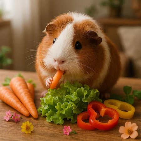 Guinea pig with fresh vegetables on wooden table. Healthy food conceptの写真素材