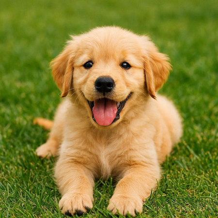Cute Golden Retriever Puppy on the Grass in the Parkの写真素材
