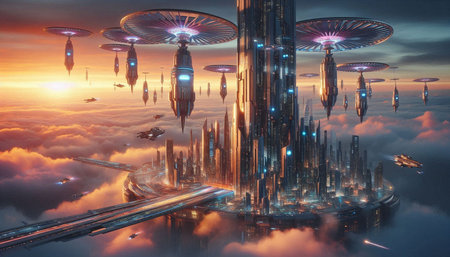 Fantasy alien city with flying saucers. 3D rendering