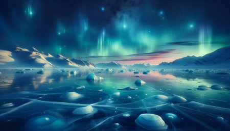 Fantasy landscape with aurora borealis, ice floes and snow-capped mountains