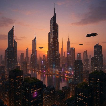 Aerial view of skyscrapers in Shanghai at sunset, China