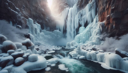 Frozen waterfall in winter season. Winter landscape with frozen waterfall.