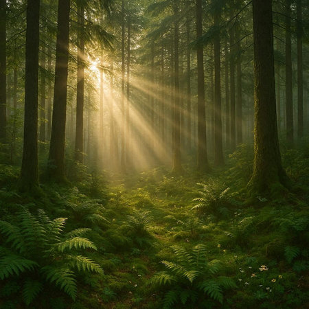 Morning in the forest with sunbeams and ferns.の写真素材