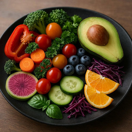 Healthy salad with fresh vegetables, fruits and superfoods.の写真素材