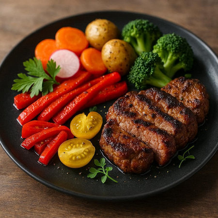 Grilled steaks with vegetables on plate, closeup. Healthy foodの写真素材