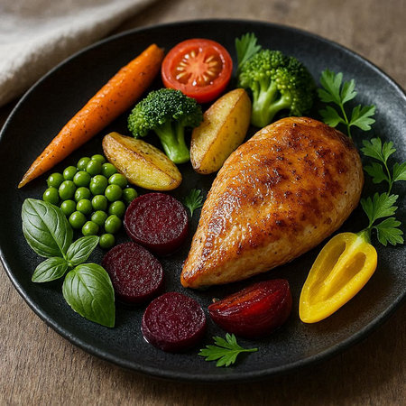 Roast chicken fillet with vegetables on black plate over wooden backgroundの写真素材