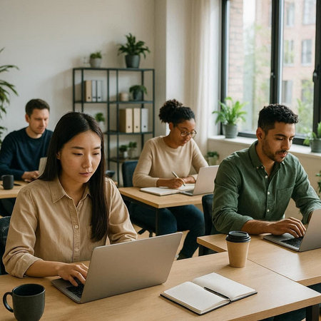 young multiethnic businesspeople using laptop while sitting at table in office
