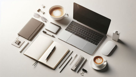 Top view of modern workplace with laptop, coffee cup and stationery on white background